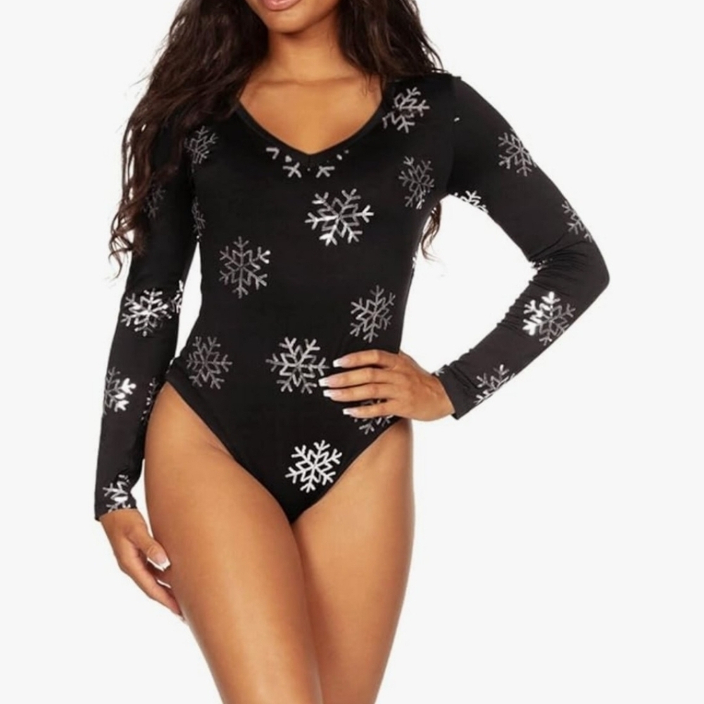Black Bodysuit with Silver Snowflake Design